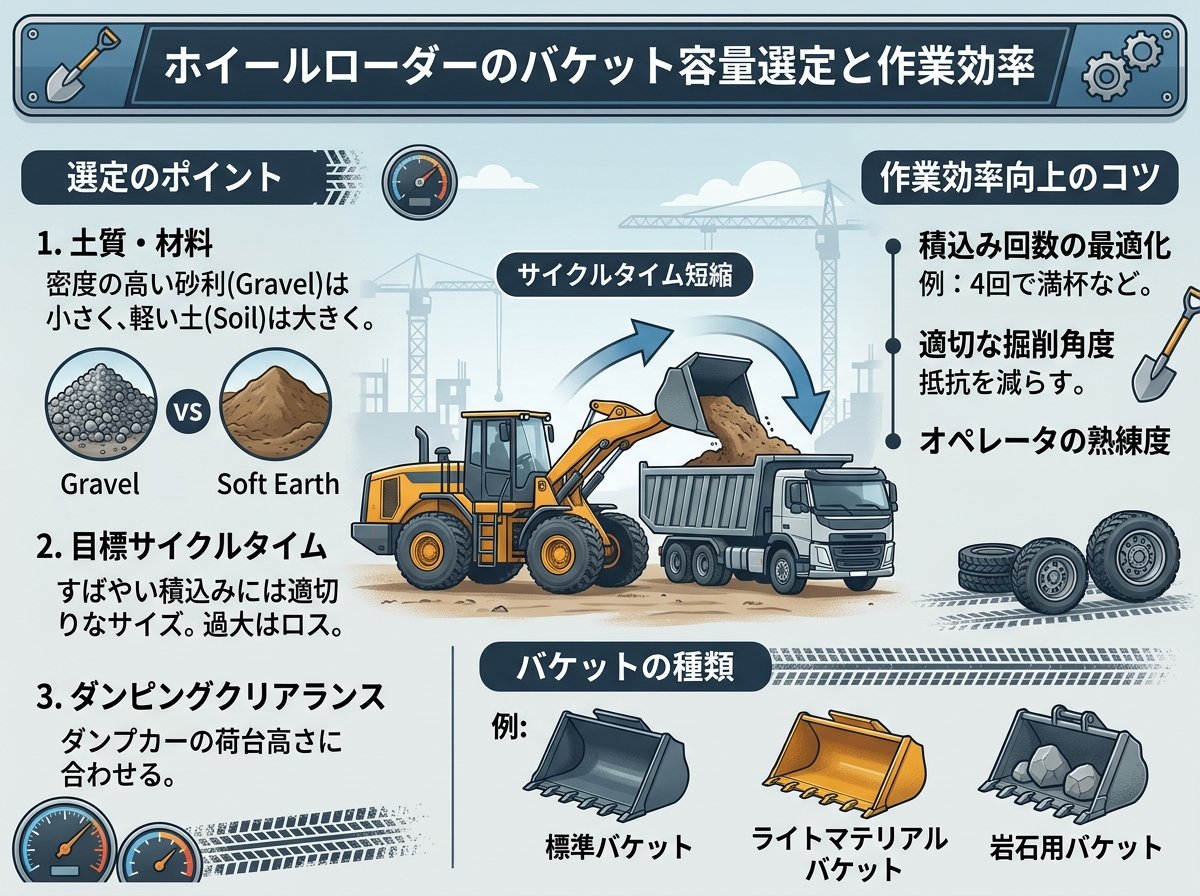 ホイールローダーのバケット容量選定と作業効率