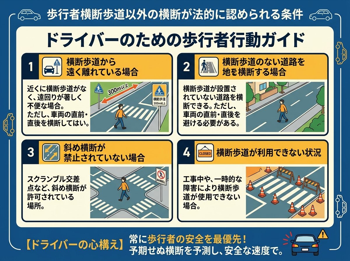 歩行者横断歩道以外の横断が法的に認められる条件