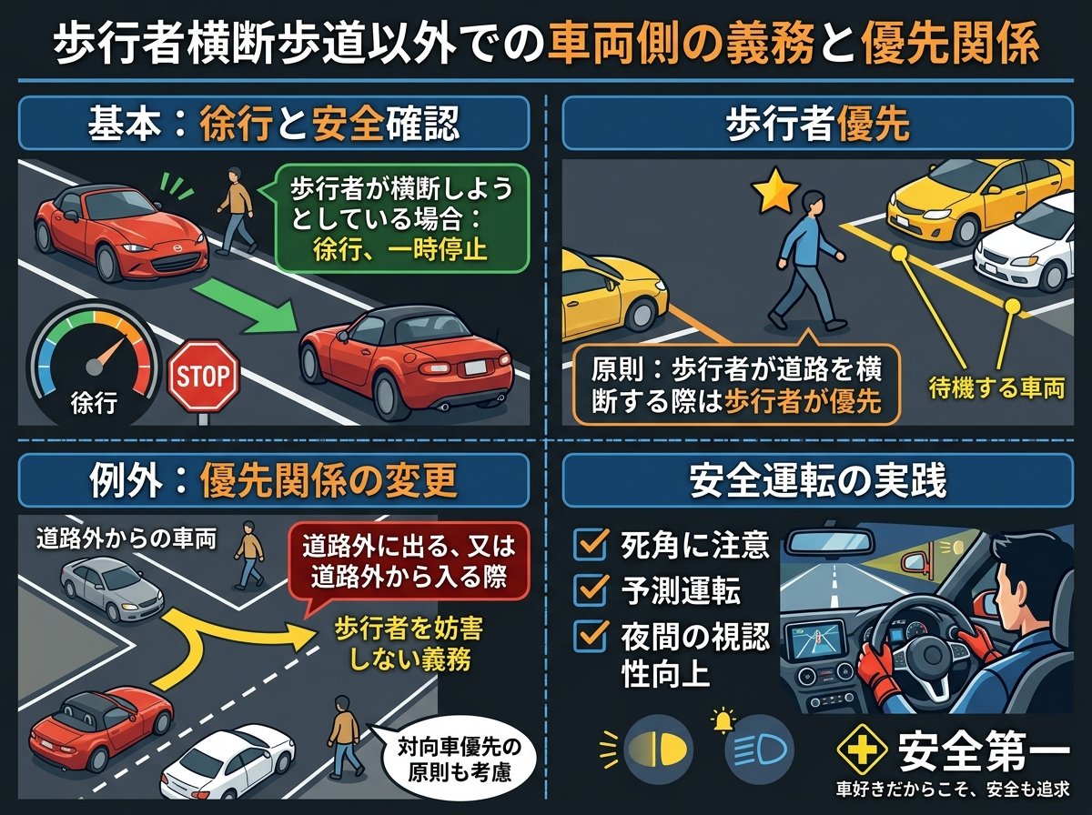 歩行者横断歩道以外での車両側の義務と優先関係