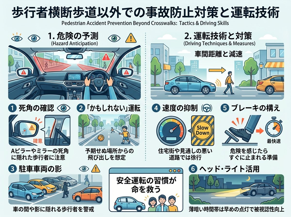 歩行者横断歩道以外での事故防止対策と運転技術