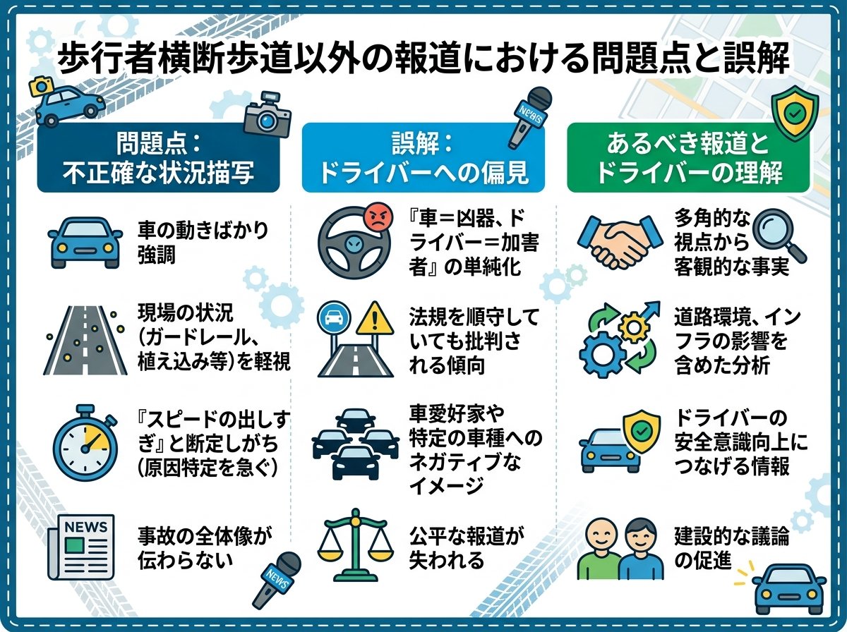 歩行者横断歩道以外の報道における問題点と誤解