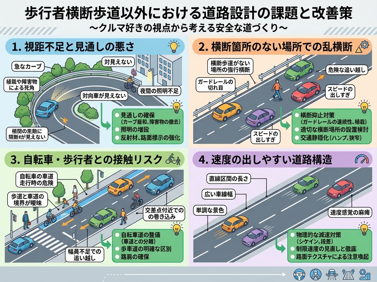 歩行者横断歩道以外における道路設計の課題と改善策