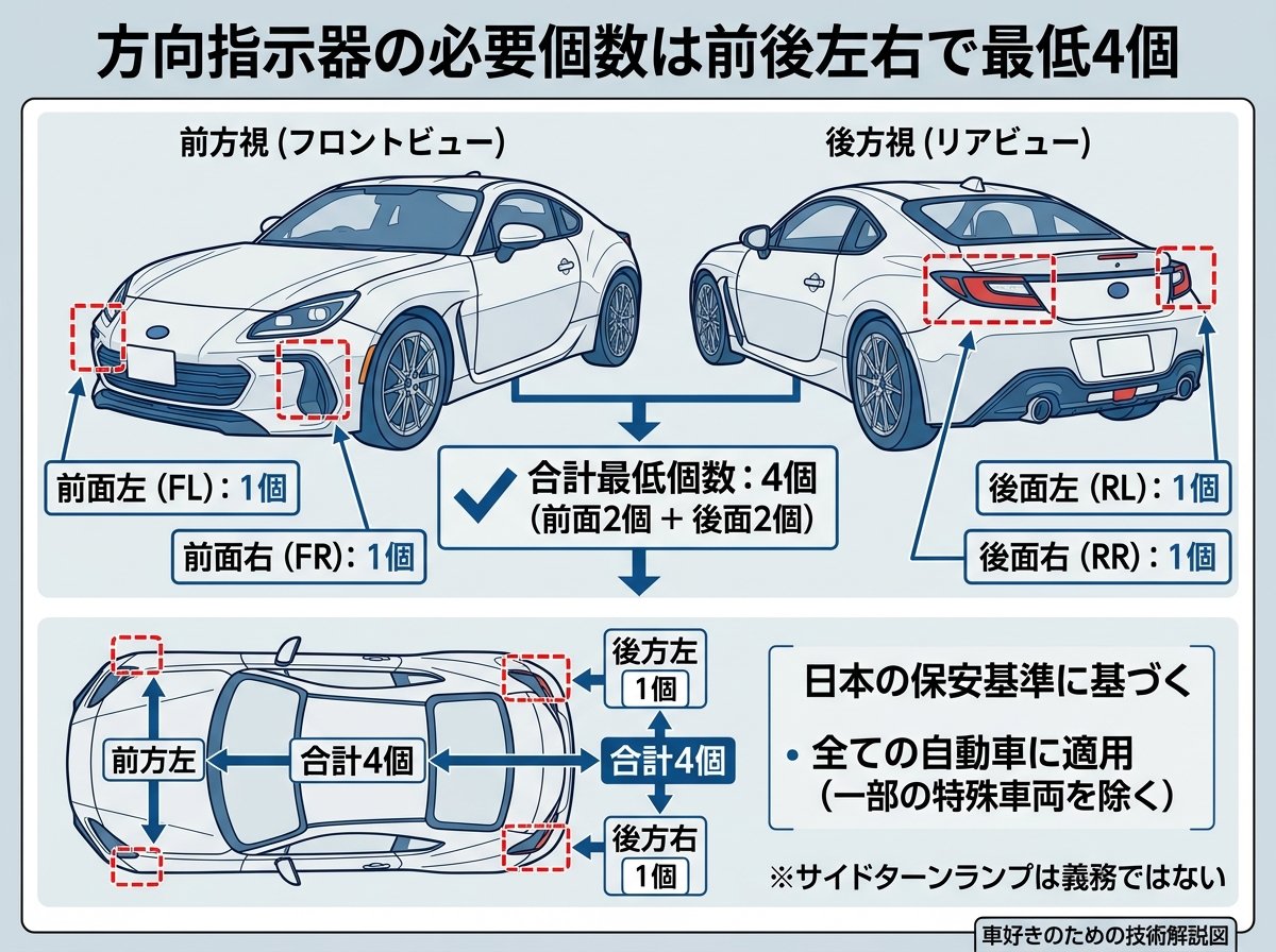 方向指示器の必要個数は前後左右で最低4個