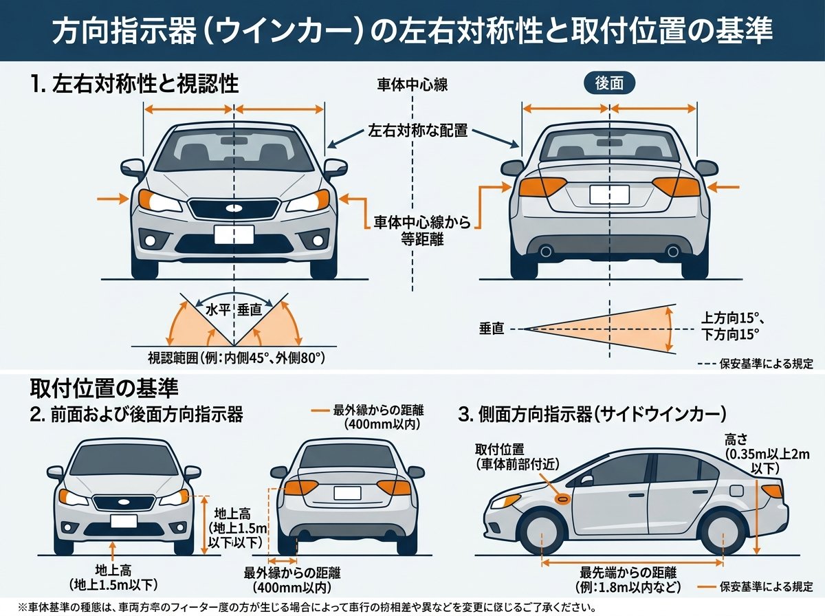 方向指示器の左右対称性と取付位置の基準
