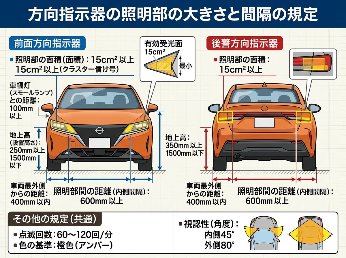 方向指示器の照明部の大きさと間隔の規定