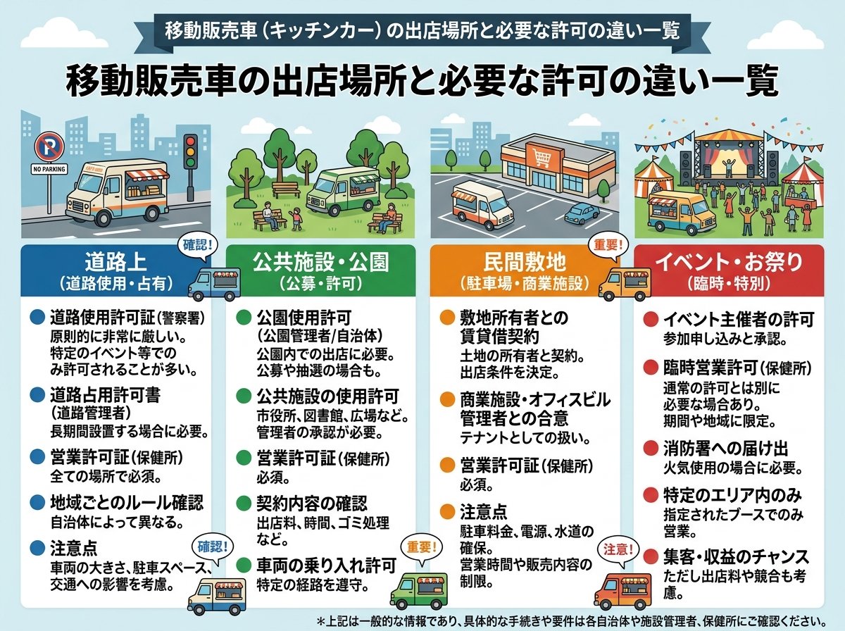 移動販売車の出店場所と必要な許可の違い一覧