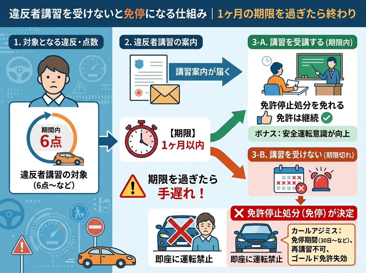 違反者講習を受けないと免停になる仕組み｜1ヶ月の期限を過ぎたら終わり