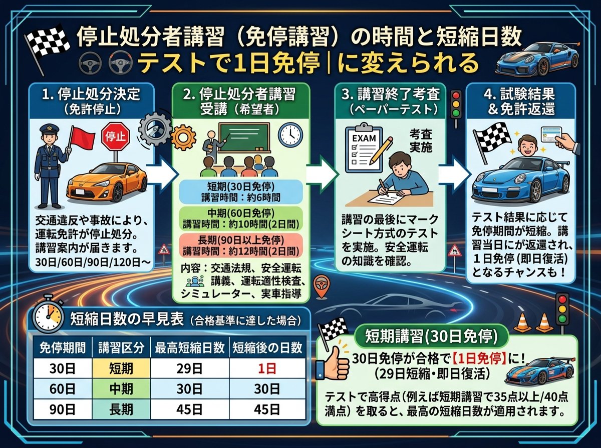 停止処分者講習（免停講習）の時間と短縮日数｜テストで1日免停に変えられる