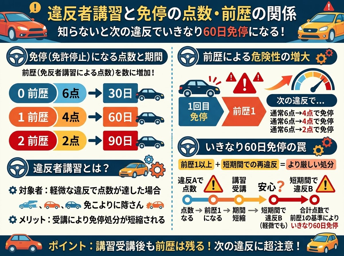 違反者講習と免停の点数・前歴の関係｜知らないと次の違反でいきなり60日免停になる