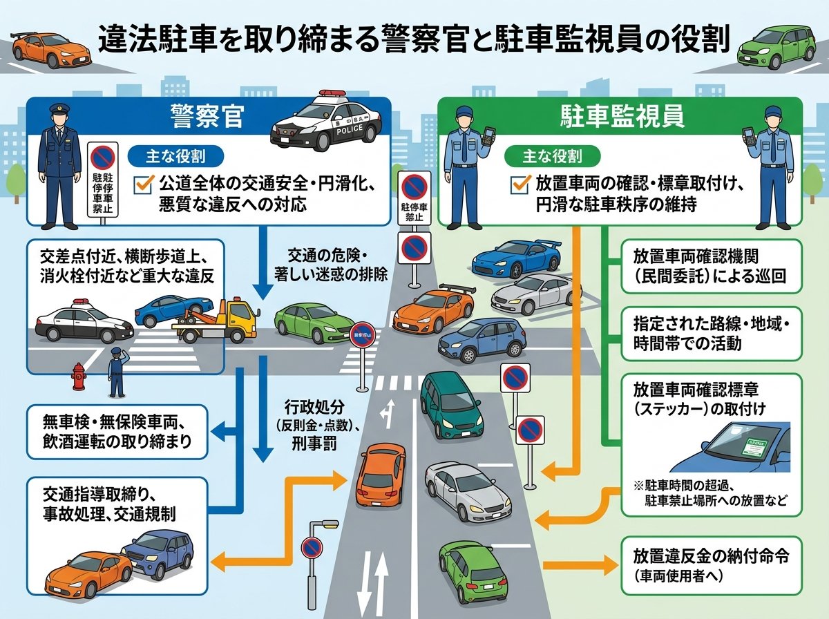 違法駐車を取り締まる警察と駐車監視員の役割