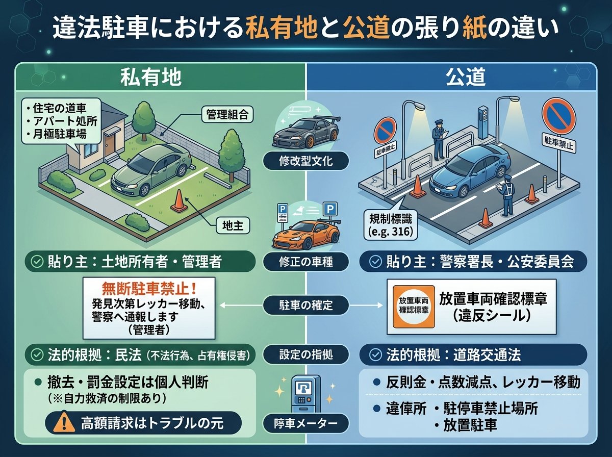 違法駐車における私有地と公道の張り紙の違い