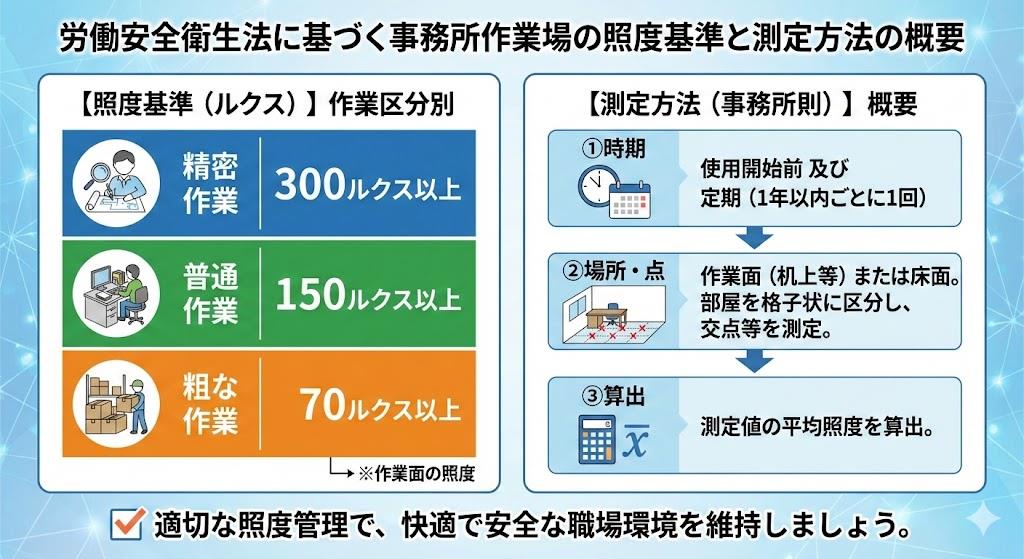 労働安全衛生法照度基準と事務所作業場測定方法