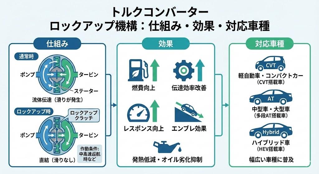 トルクコンバーターロックアップ機構仕組み効果対応車種