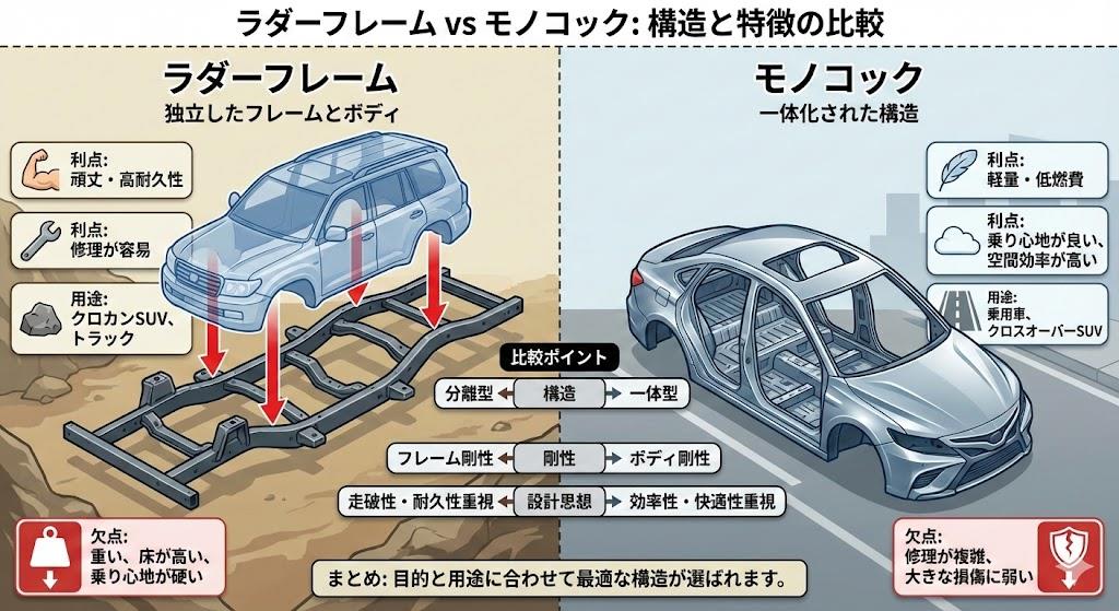 ラダーフレーム モノコック 違いと構造比較解説