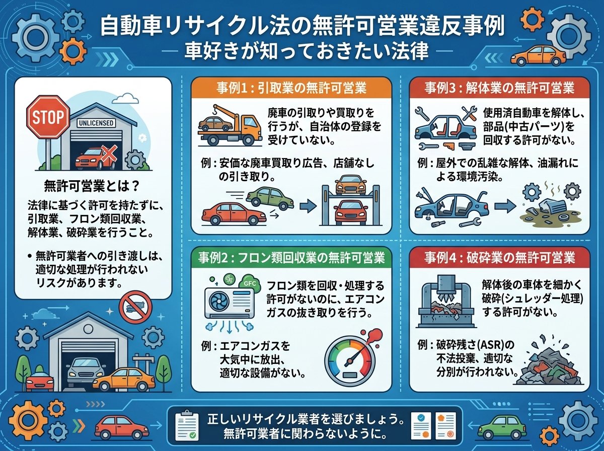 自動車リサイクル法の無許可営業違反事例