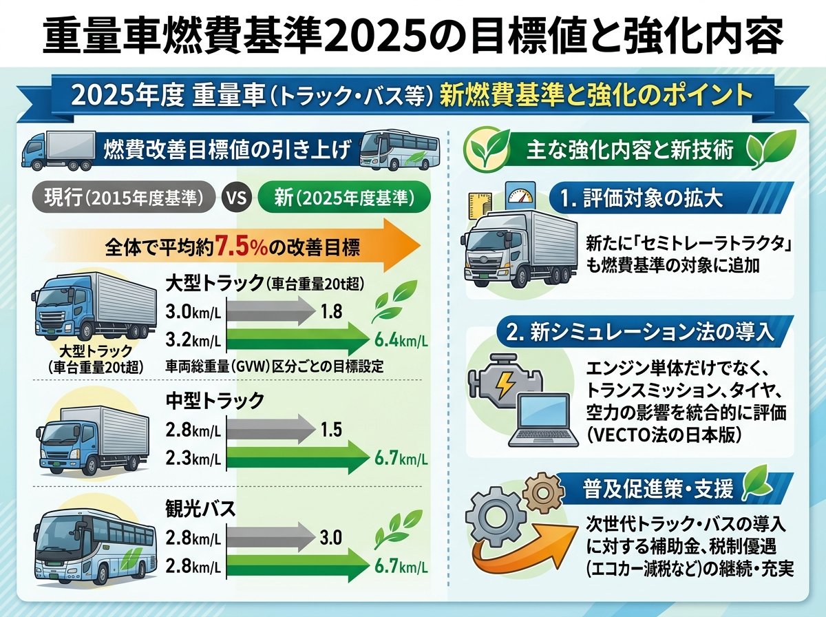 重量車燃費基準2025の目標値と強化内容