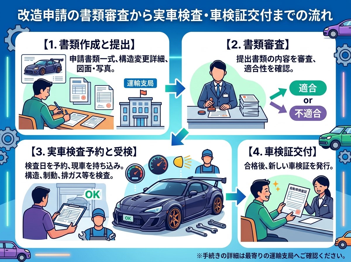 改造申請の書類審査から実車検査・車検証交付までの流れ