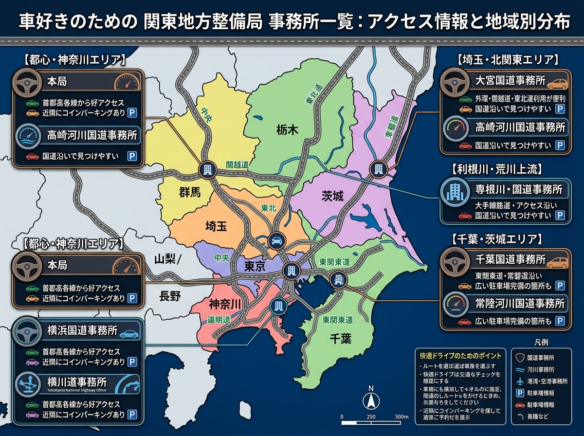 関東地方整備局の事務所一覧におけるアクセス情報と地域別分布