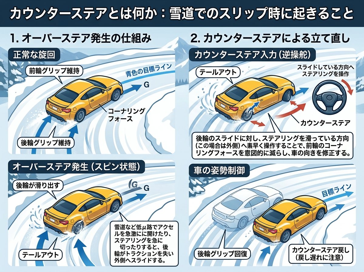 カウンターステアとは何か:雪道でのスリップ時に起きること