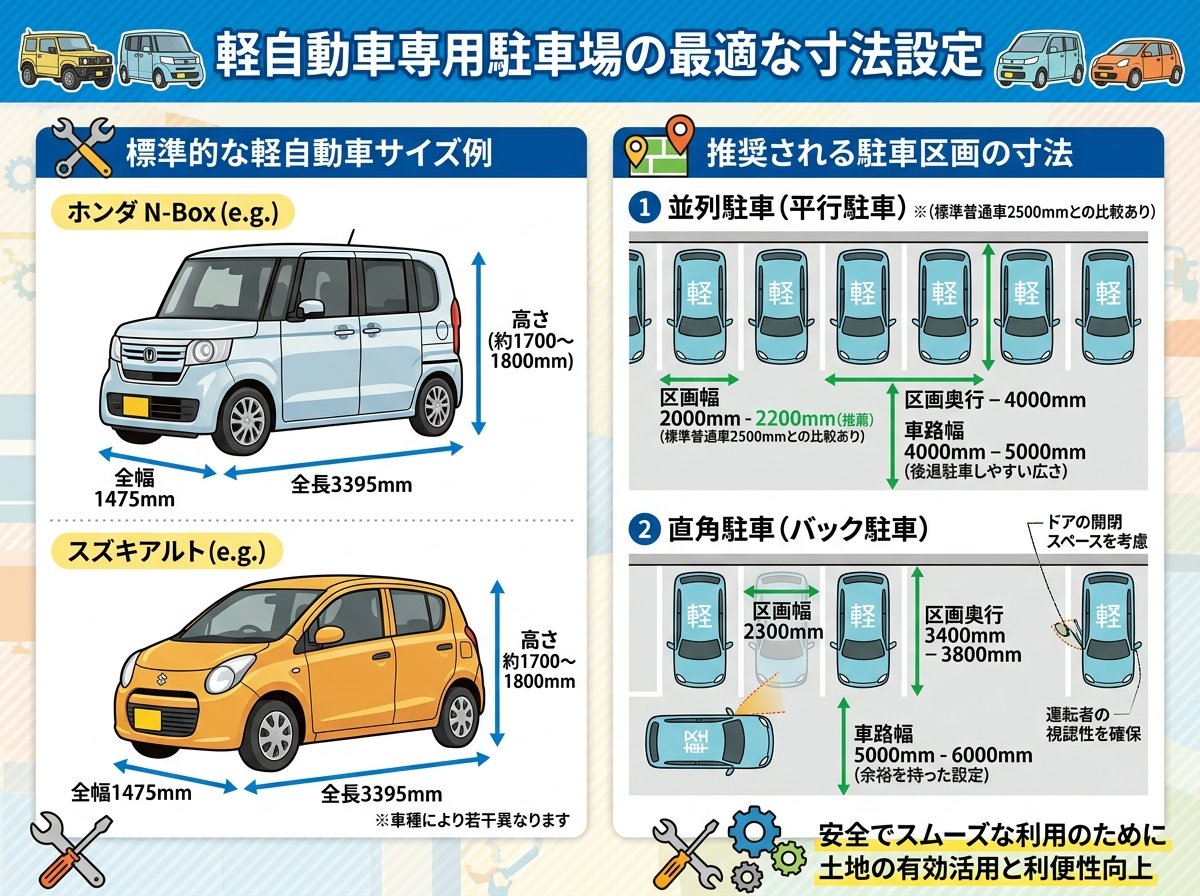 軽自動車専用駐車場の最適な寸法設定