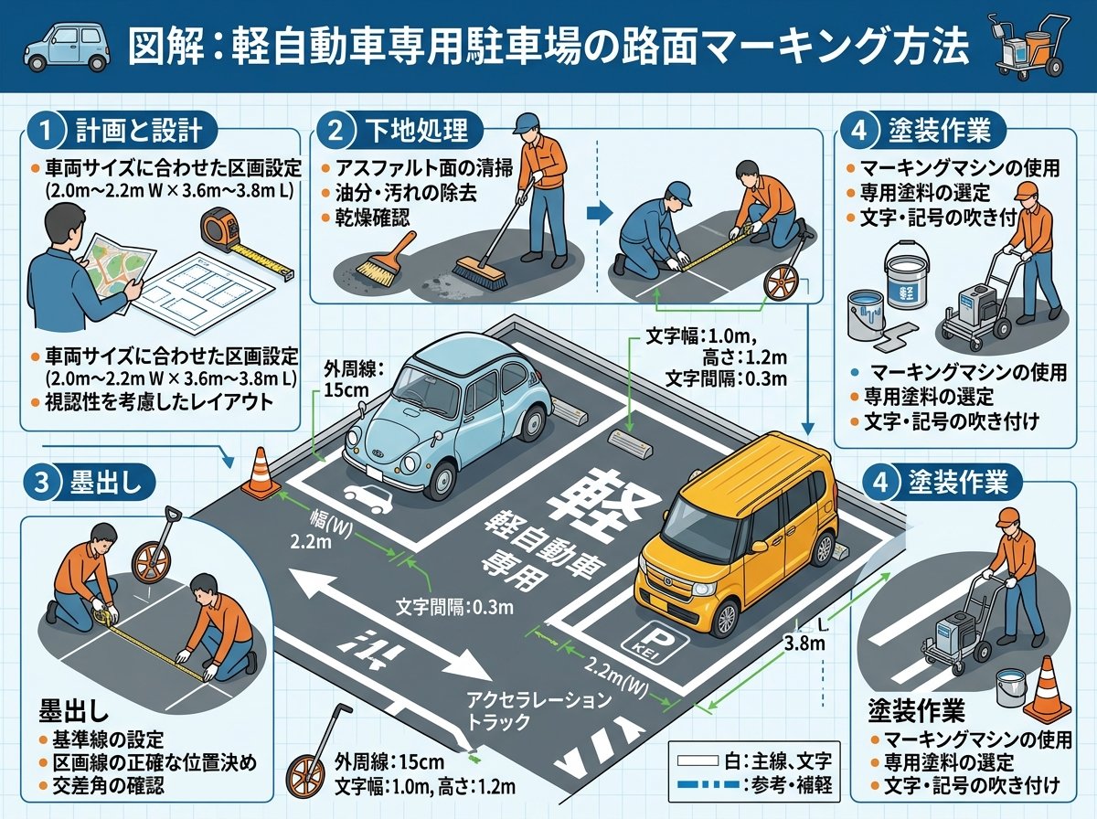 軽自動車専用駐車場の路面マーキング方法