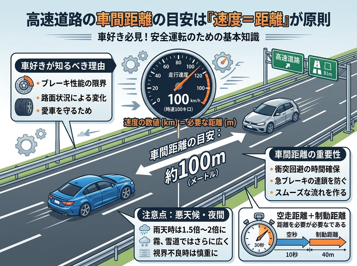 高速道路の車間距離の目安は「速度＝距離」が原則