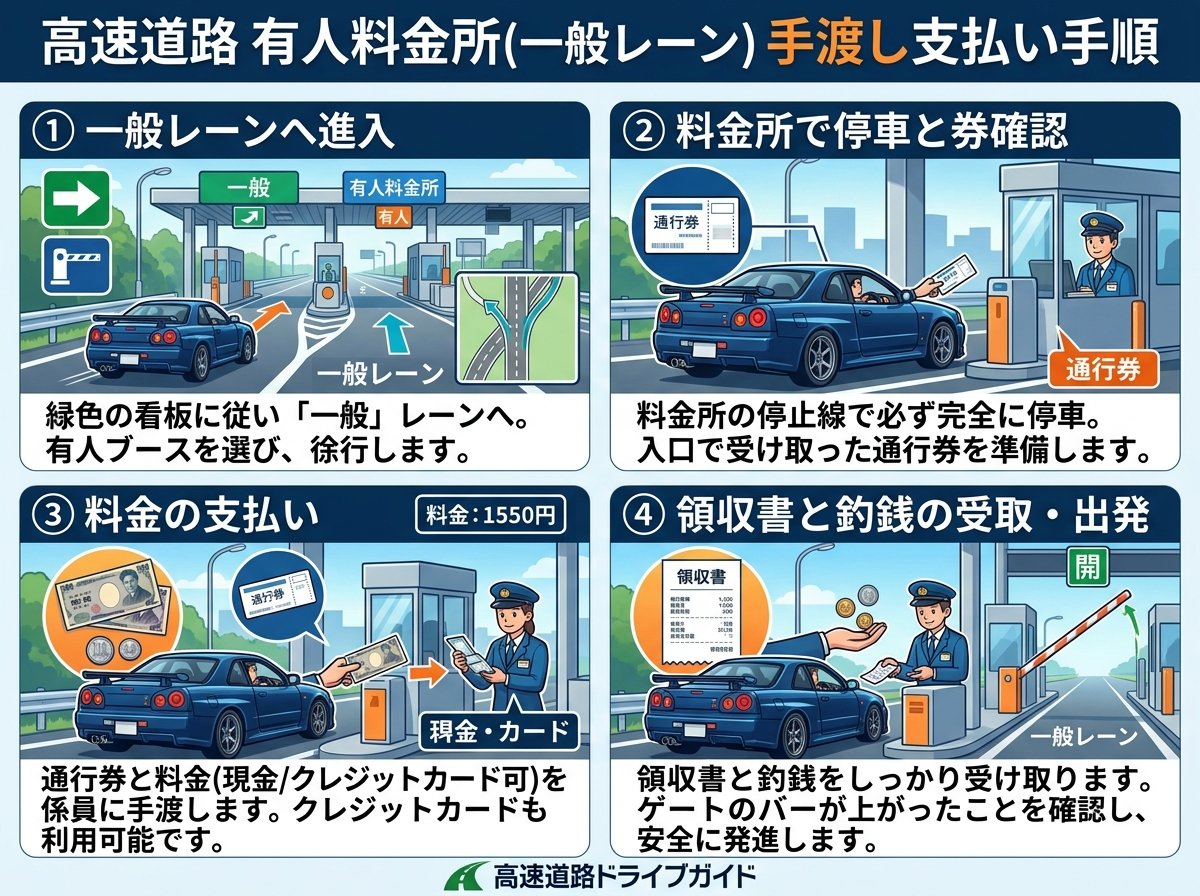 高速道路一般レーン有人料金所での手渡し支払い手順