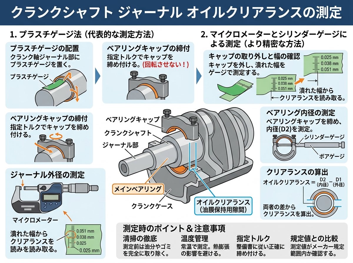 クランクシャフト ジャーナル オイルクリアランス 測定