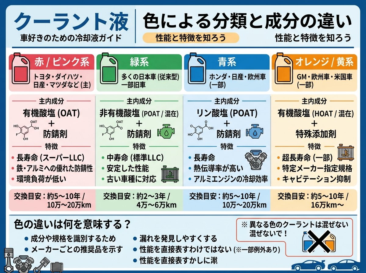クーラント液 色による分類と成分の違い