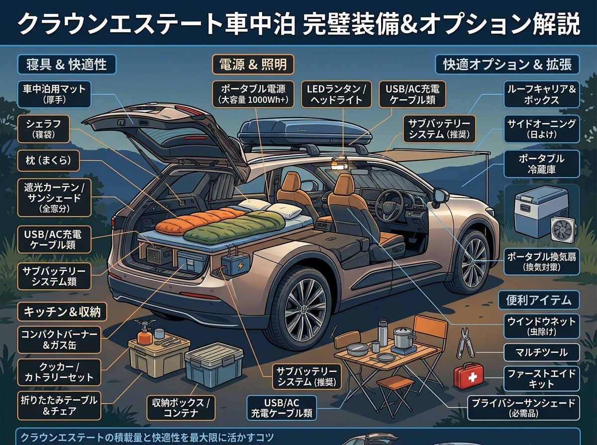 クラウンエステート車中泊に必要な装備とオプション
