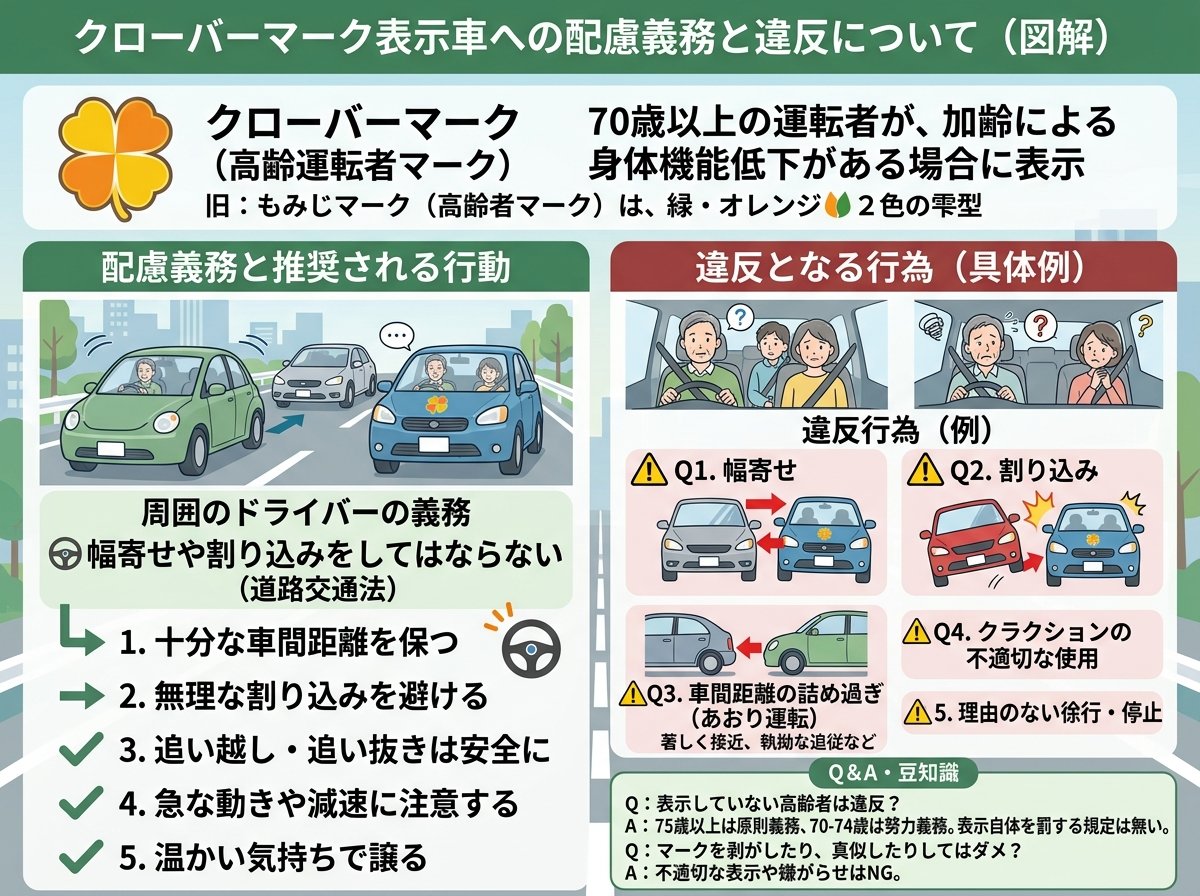 クローバーマーク表示車への配慮義務と違反