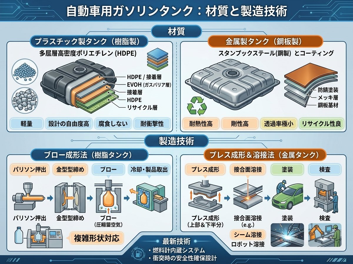 車ガソリンタンク本体の材質と製造技術