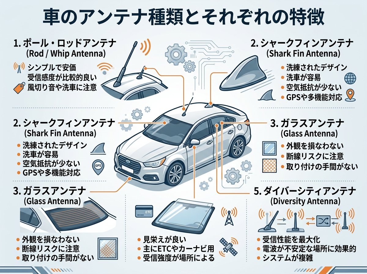 車のアンテナ種類とそれぞれの特徴