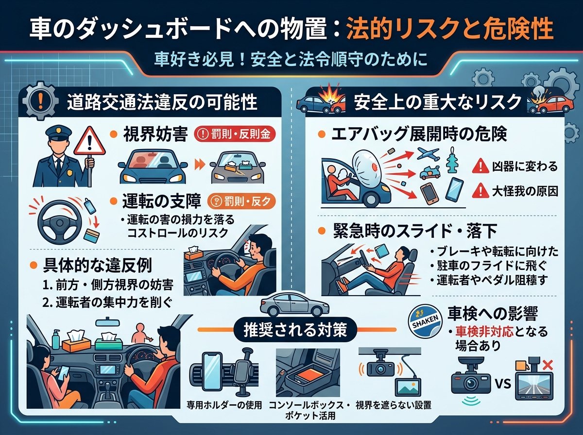 車のダッシュボードの上に物を置くことの法的リスク