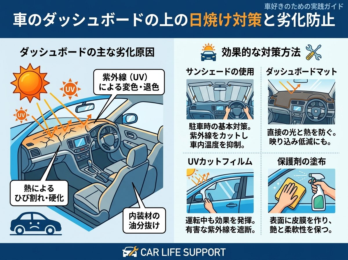 車のダッシュボードの上の日焼け対策と劣化防止