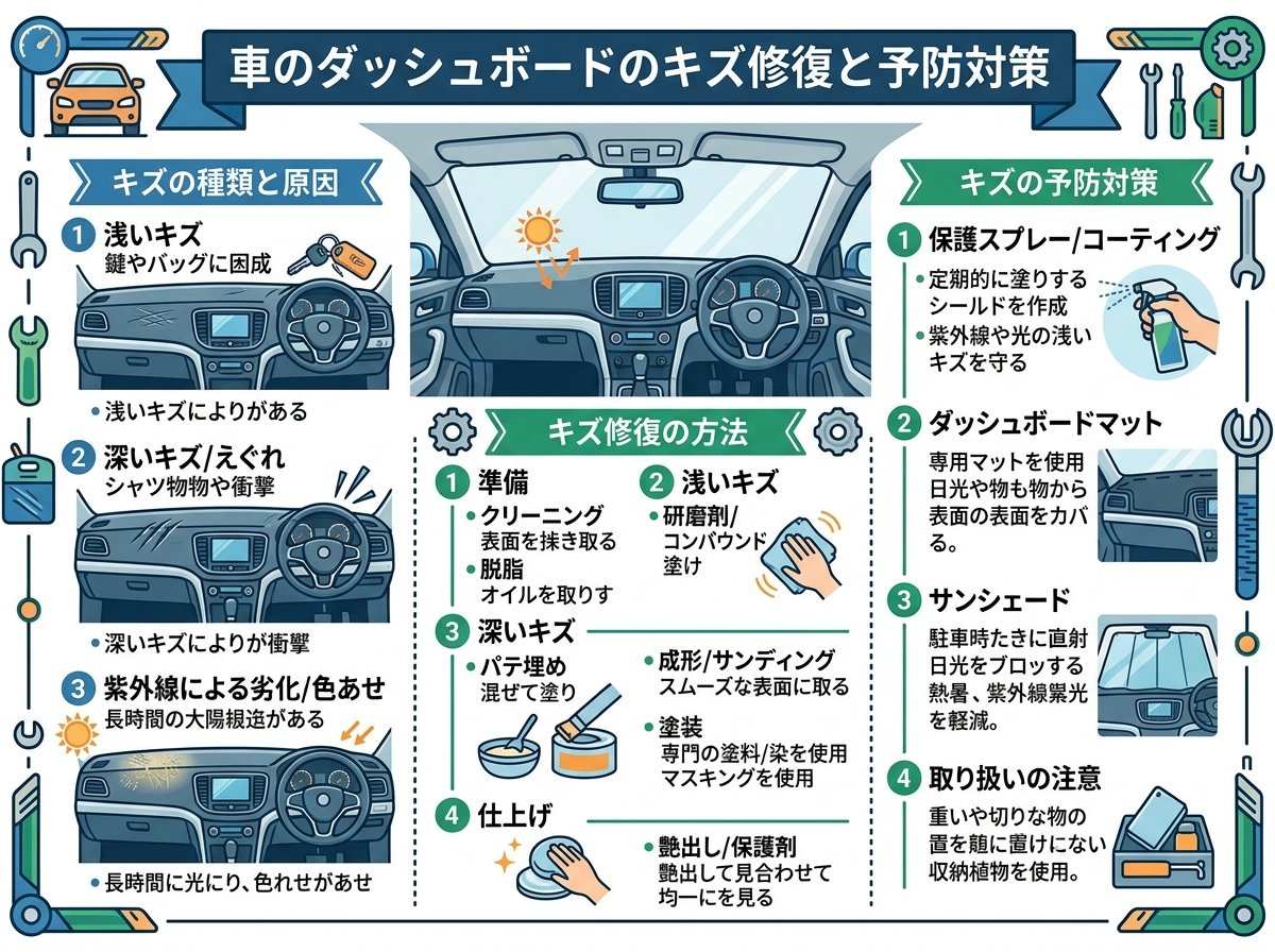 車のダッシュボードの上のキズ修復と予防対策