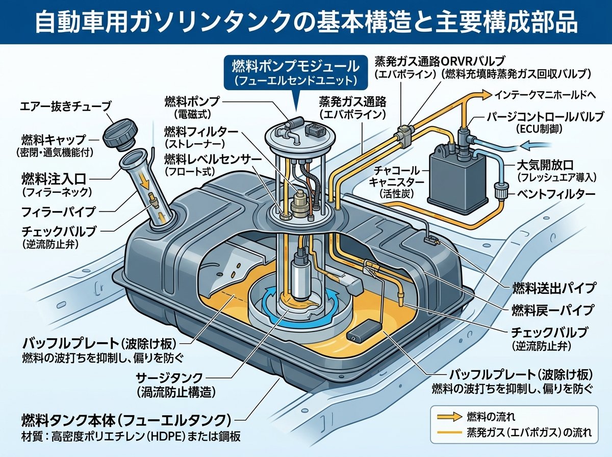 車のガソリンタンク本体の基本構造と主要部品