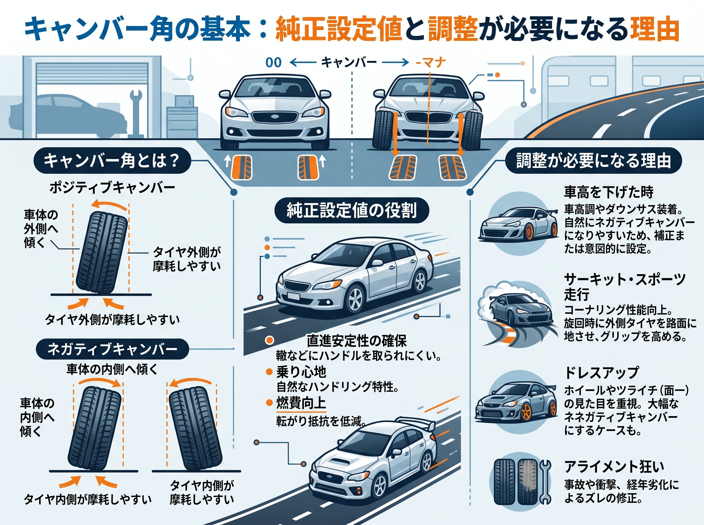 キャンバー角の基本：純正設定値と調整が必要になる理由