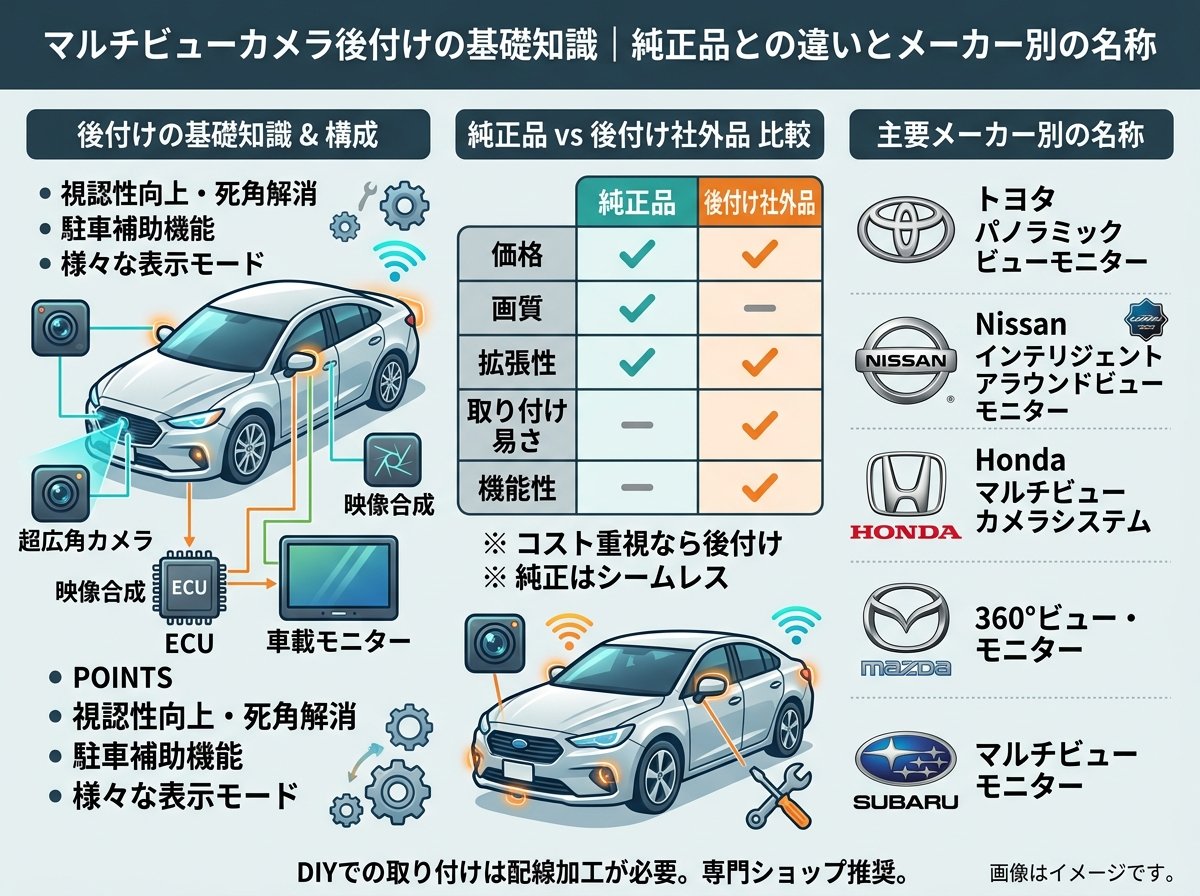 マルチビューカメラ後付けの基礎知識|純正品との違いとメーカー別の名称