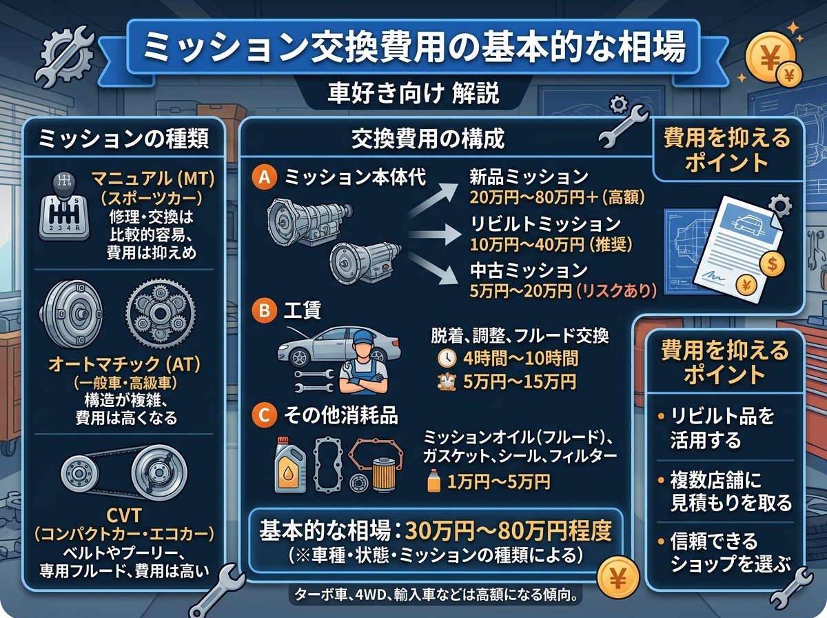 ミッション交換費用の基本的な相場はいくらか