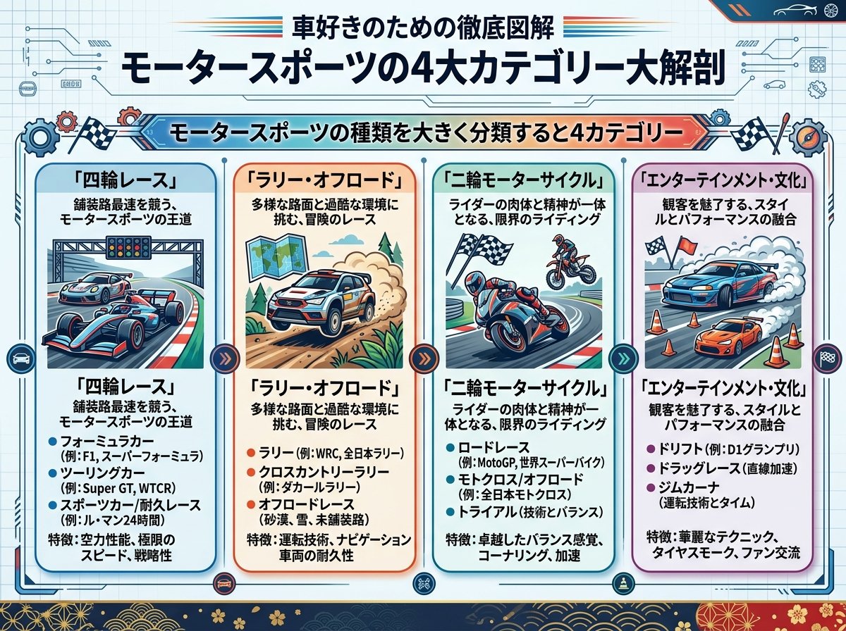 モータースポーツの種類を大きく分類すると4カテゴリー