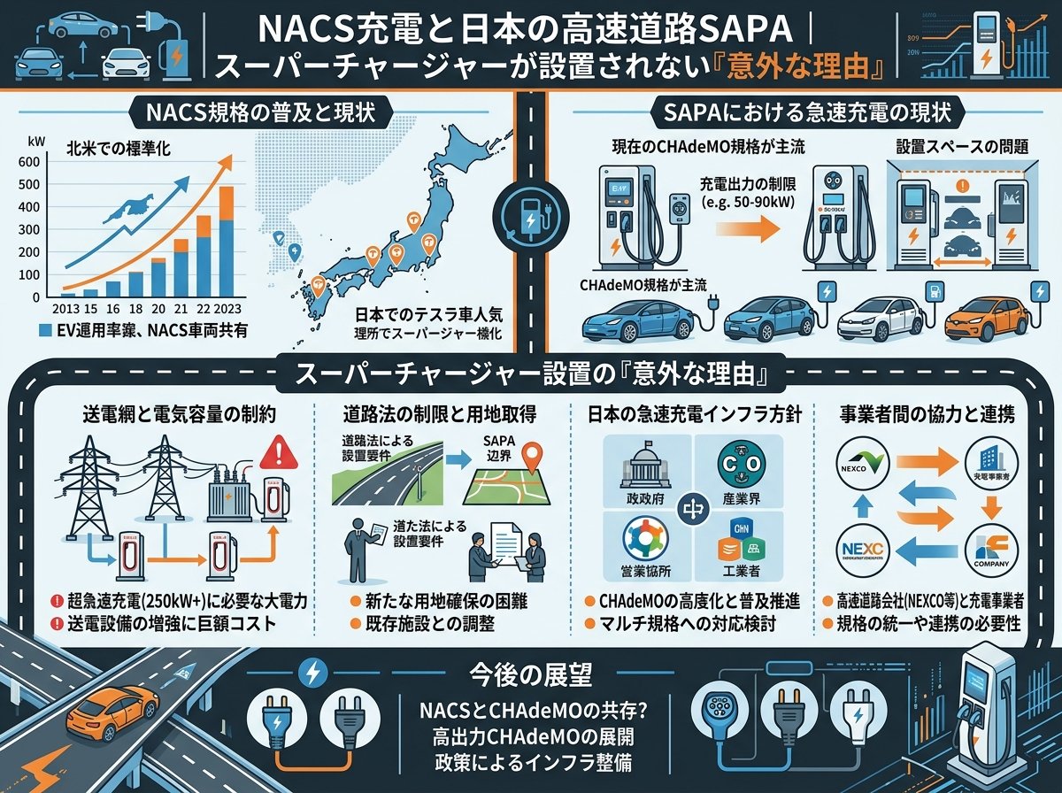 nacs充電と日本の高速道路SAPA｜スーパーチャージャーが設置されない"意外な理由"
