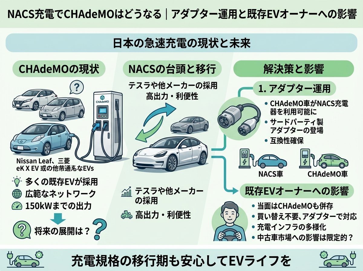 nacs充電でCHAdeMOはどうなる｜アダプター運用と既存EVオーナーへの影響