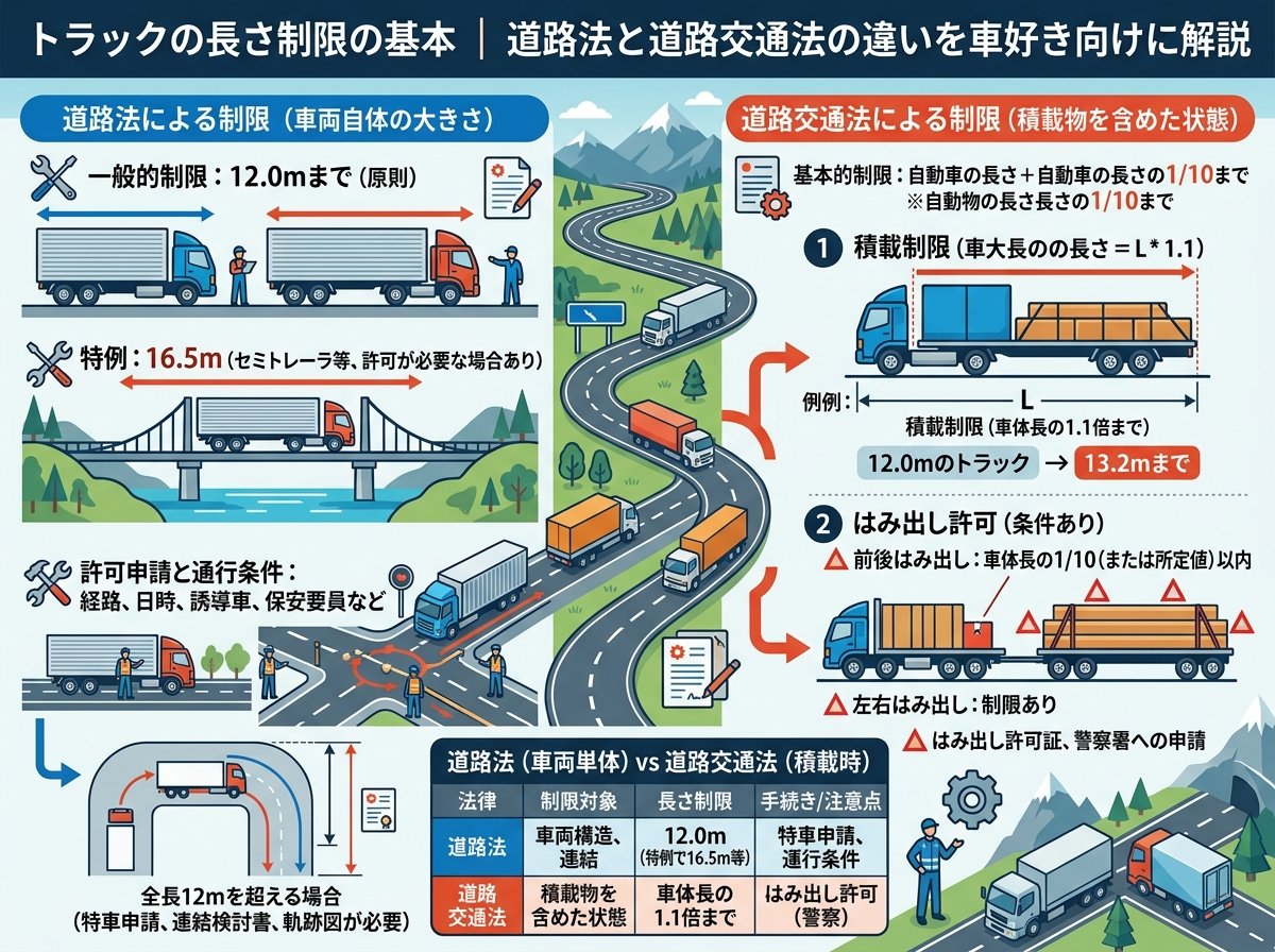 トラックの長さ制限の基本｜道路法と道路交通法の違い