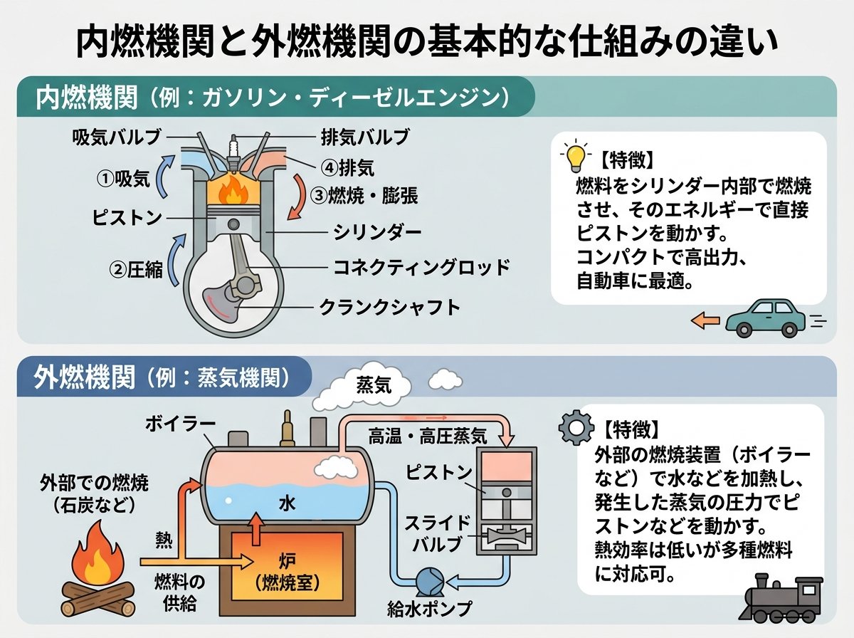 内燃機関と外燃機関の基本的な仕組みの違い