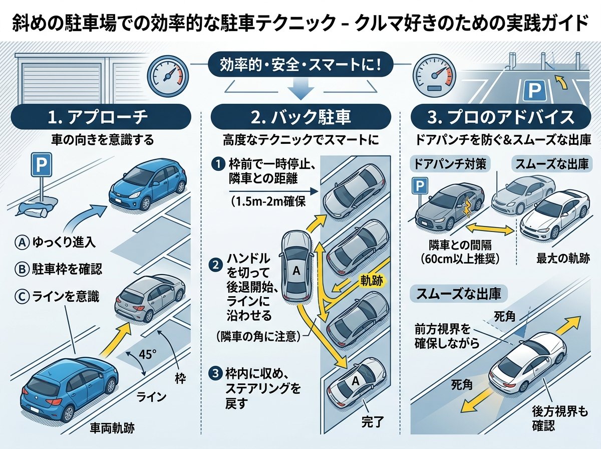 斜めの駐車場での効率的な駐車テクニック