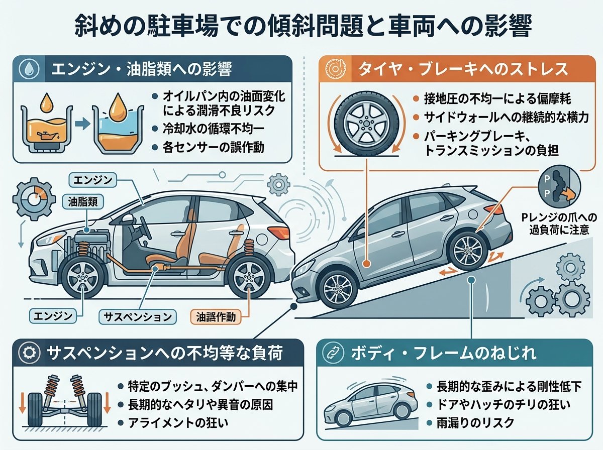 斜めの駐車場での傾斜問題と車両への影響