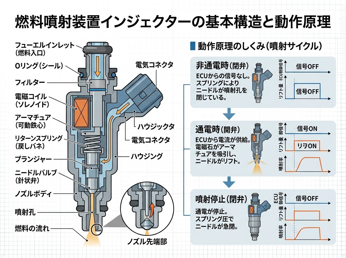 燃料噴射装置インジェクターの基本構造と動作原理