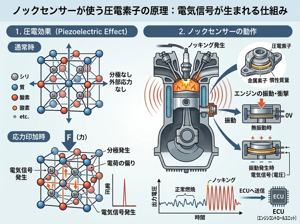ノックセンサーが使う圧電素子の原理：電気信号が生まれる仕組み