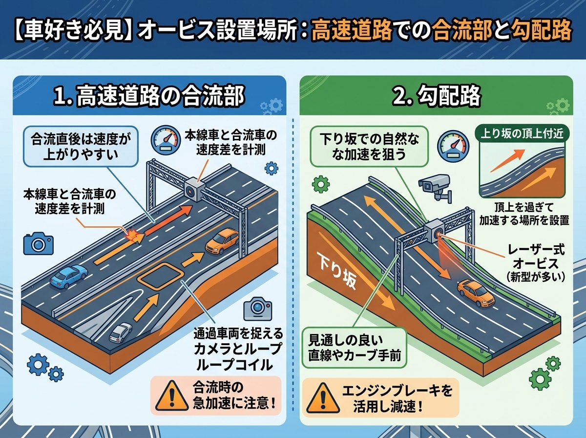 オービス設置場所 高速道路での合流部と勾配路